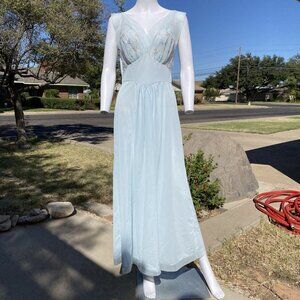 Vanity Fair 60s gold pastel blue leaf sheer breast nightgown size 36 Grecian MCM